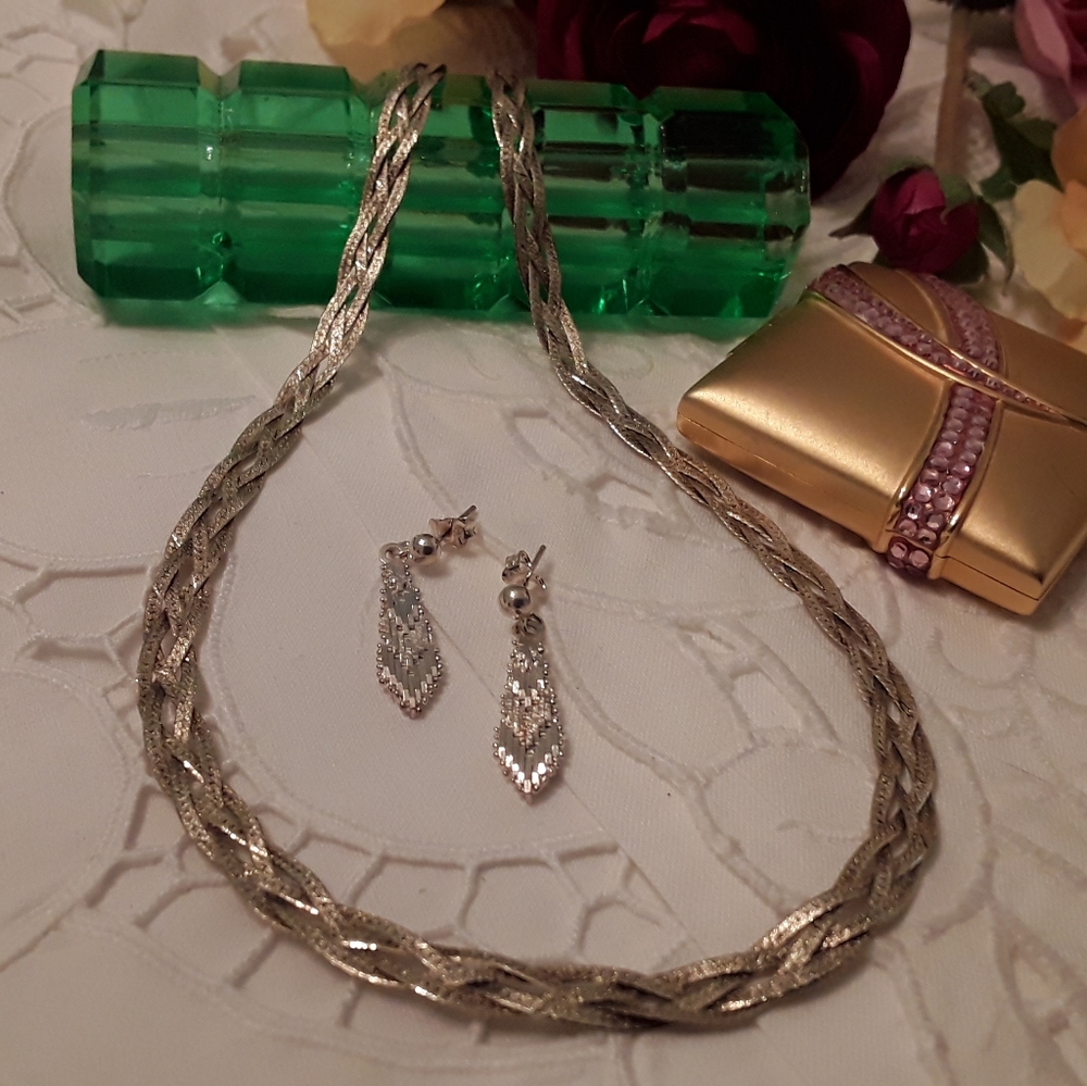 VTG. 925 STERLING VERMEIL HERRINGBONE NECK & EAR - Picture 8 of 8